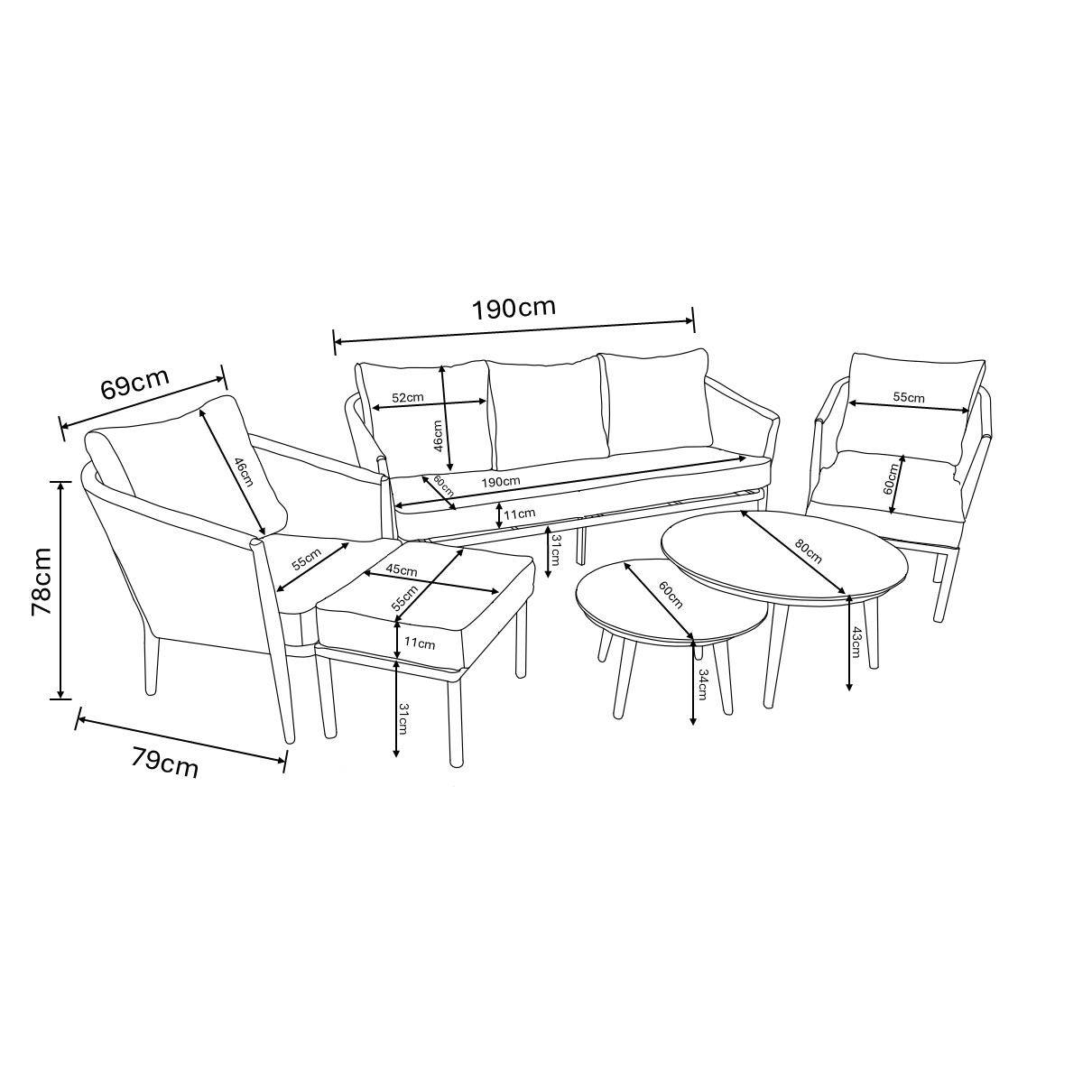 Portico 3 Seat Lounge Set dimensions